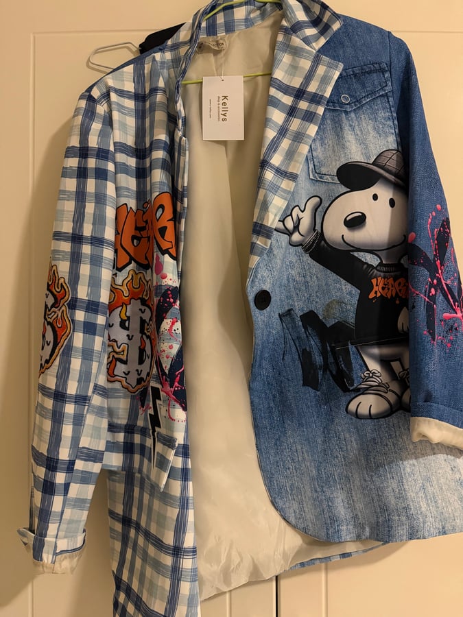 Hand-painted Snoopy Denim & Plaid Shirt