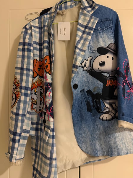 Hand-painted Snoopy Denim & Plaid Shirt
