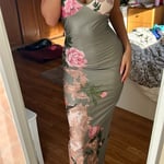 Sage Green & Pink Floral Fitted Maxi Dress – UK Size Small