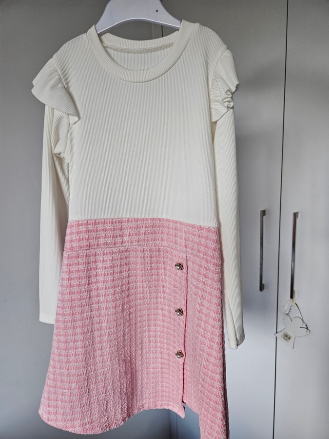 Girls Ruffle Sleeve 2-in-1 Dress Cream & Pink Tweed Faux Wrap Size 7/8

