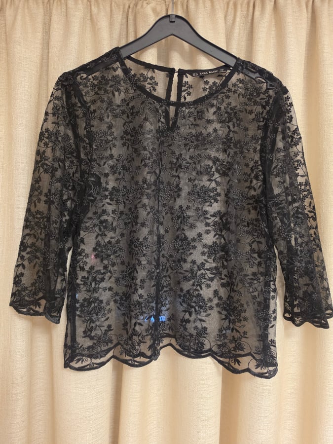 Zara Black Sheer Lace Floral Top, XS Size