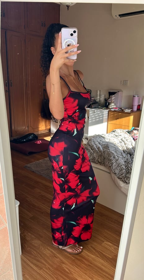 Red Floral Fitted Maxi Dress – Size S