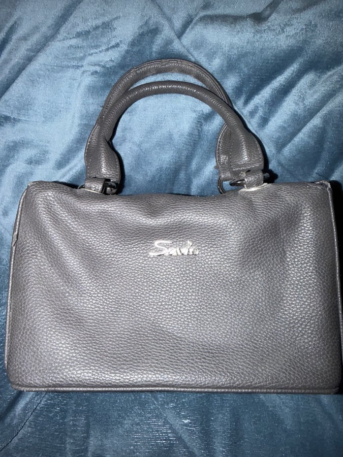 Grey Leather Handbag with Silver Logo