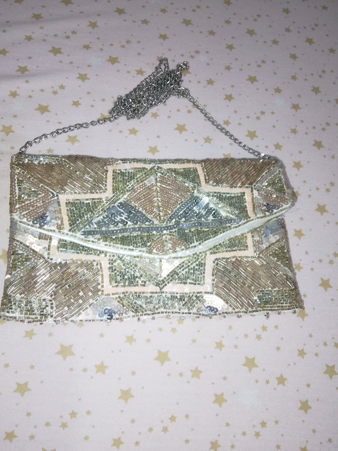 Sequined Evening Bag with Silver Chain Strap