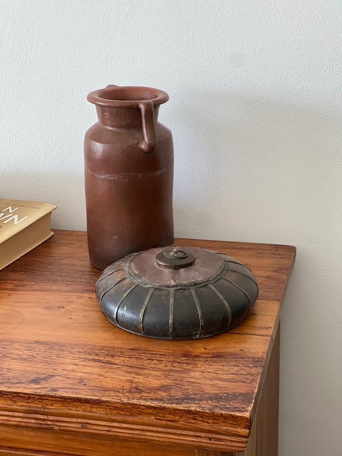 Vintage Brown Ceramic Jug with Metal Lid