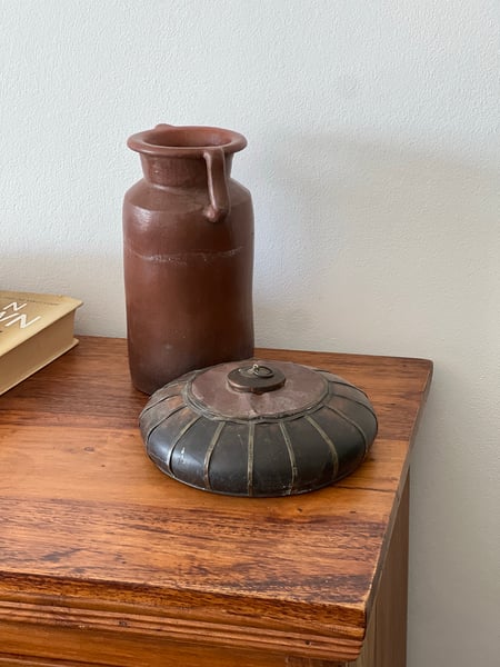 Vintage Brown Ceramic Jug with Metal Lid