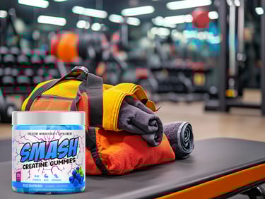 Creatine gummies next to a gym bag and towel on a bench in a gym.