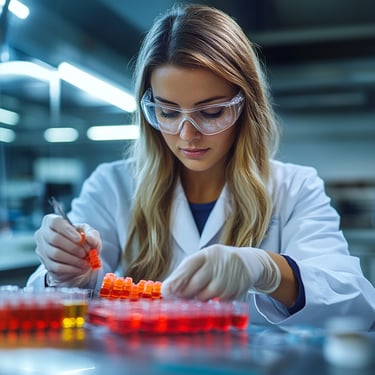 A scientist in a lab coat examines test samples in a laboratory.