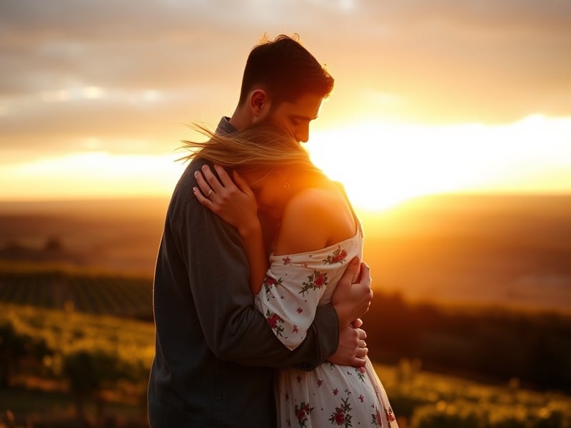 Documentary engagement photography of a couple embracing on a hilltop overlooking Hunter Valley vineyards at golden hour, wind in hair, candid romantic moment, warm sunset light