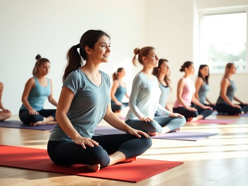 A diverse group of beginner yoga students in a bright studio doing a gentle seated forward fold, soft morning light, wooden floors, calm and supportive atmosphere