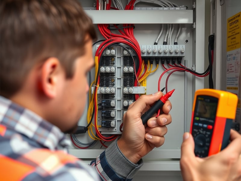 a close-up of a licenced electrician using a multimeter to test wires inside a clean modern domestic switchboard in Newcastle NSW Australia