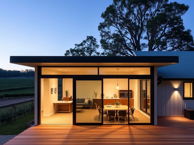 A small contemporary pavilion addition to an existing Australian farmhouse, flat roof, floor-to-ceiling glass, deck with outdoor dining, vineyard visible in the distance, dusk light, architectural pho
