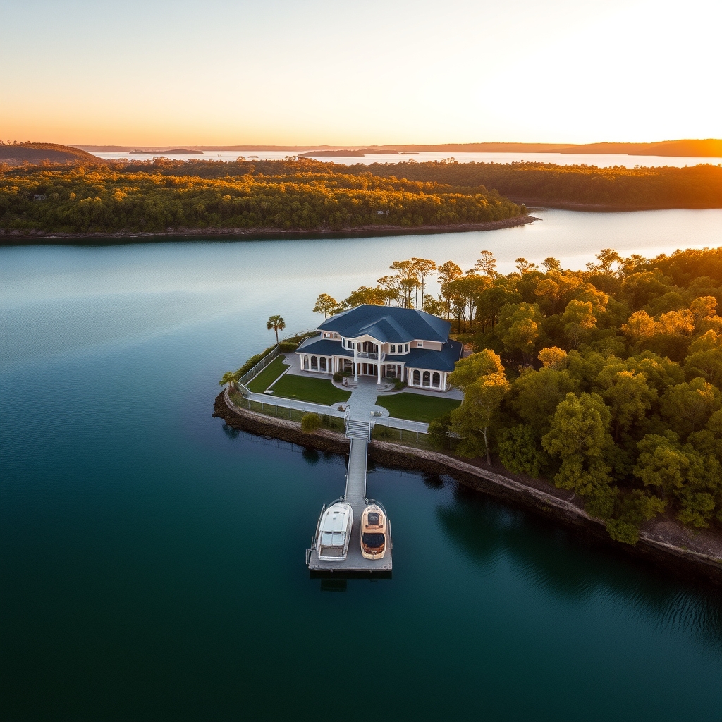 Stunning aerial drone photograph of a luxury boathouse estate on Lake Macquarie NSW Australia, private jetty with boats, native bushland surrounds, turquoise water, golden hour light, architectural ph
