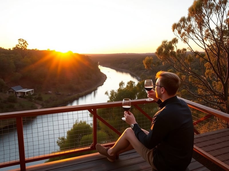 a couple enjoying wine on a timber deck at sunset overlooking a calm river surrounded by Australian bushland, warm golden hour light