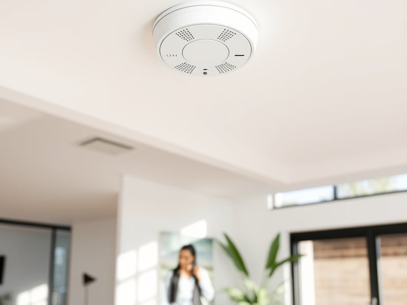 a photoelectric smoke alarm mounted on a white ceiling in a modern Australian living room with natural daylight