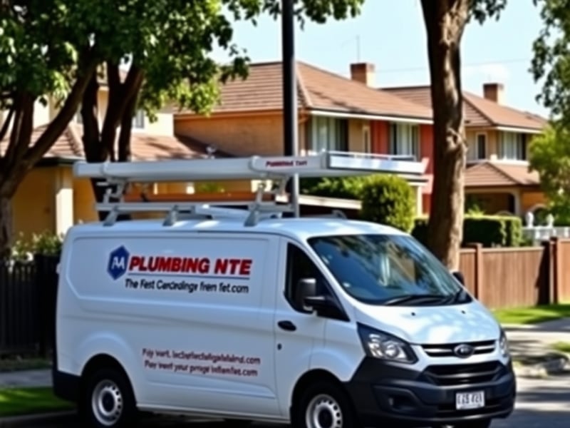 A clean white plumbing van parked on a leafy residential street in Newcastle Australia, bright morning light, Australian homes in background, professional service vehicle