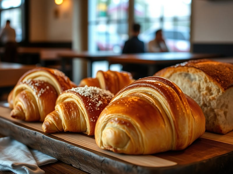 Freshly baked Australian pastries including croissants and sourdough on rustic timber board with linen napkin in warm cafe light
