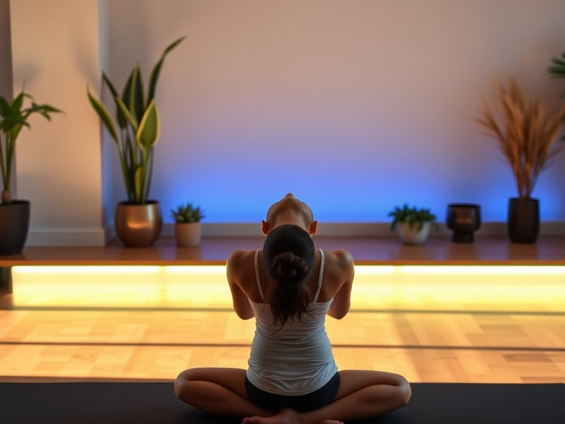yin yoga practice with woman in a peaceful seated forward fold on a mat, soft ambient lighting, indoor plants, and a calm meditative atmosphere
