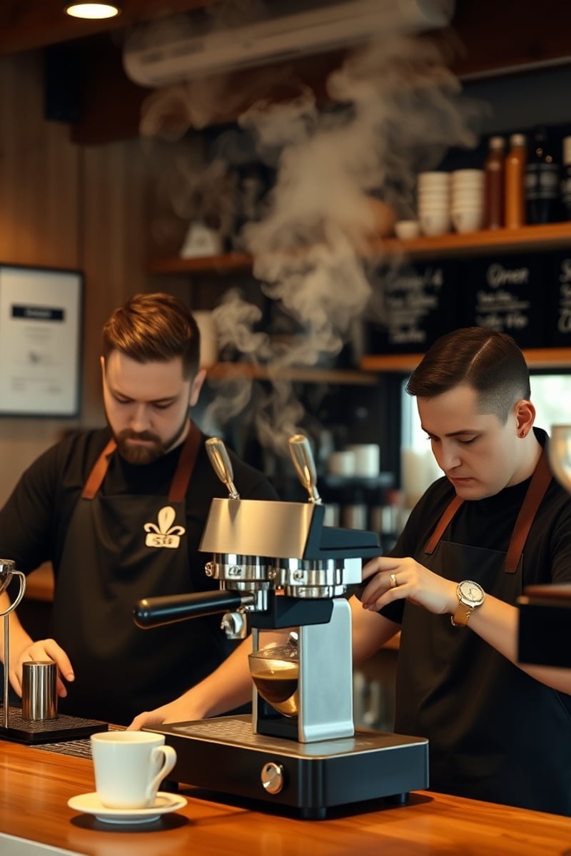 two baristas working at a timber espresso bar, steam rising from a group head, warm cafe lighting, ceramic cups and coffee equipment, candid professional moment