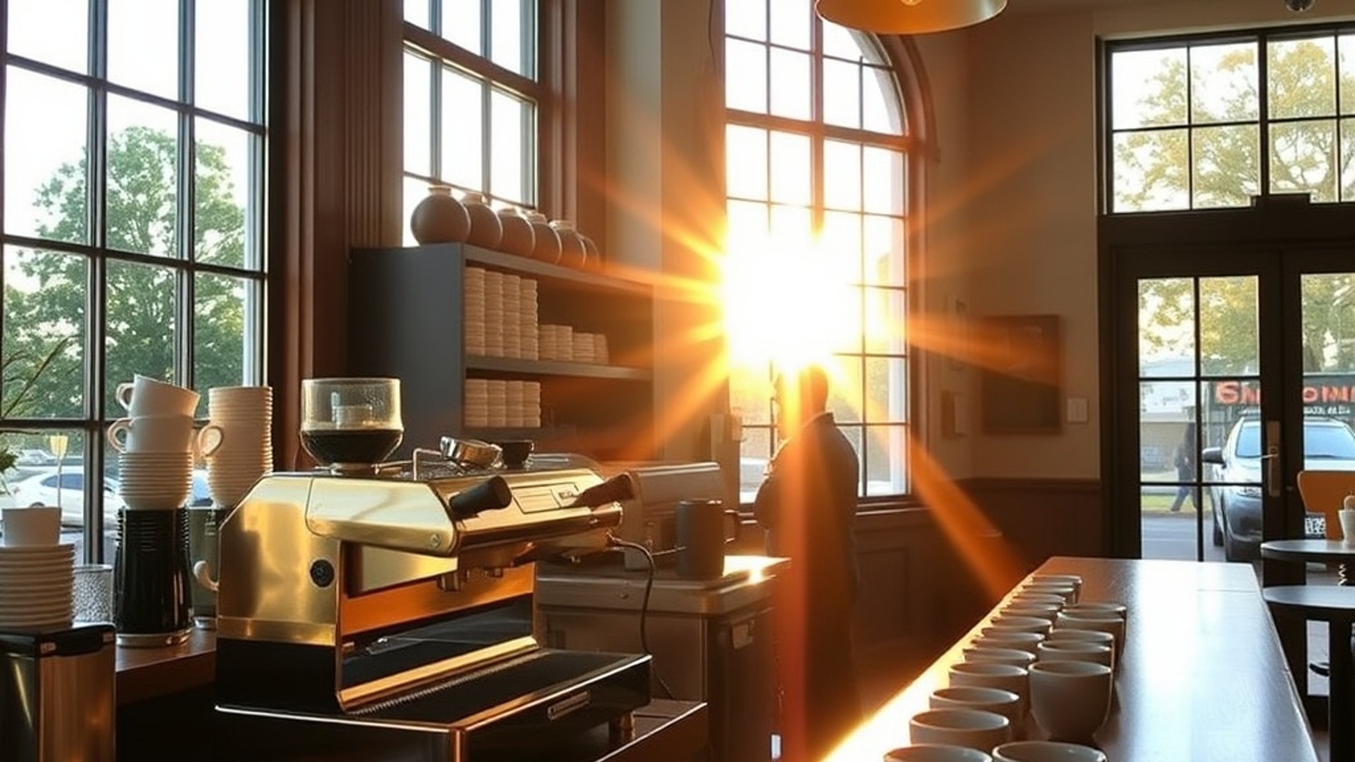 sunlit espresso bar interior with timber counters, brass espresso machine, warm morning light streaming through large windows, ceramic cups lined up, Newcastle cafe atmosphere