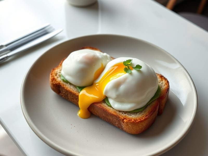 simple breakfast plate of poached eggs and fresh avocado on sourdough toast, ceramic dish, clean modern cafe table, soft natural daylight, minimal Australian brunch styling
