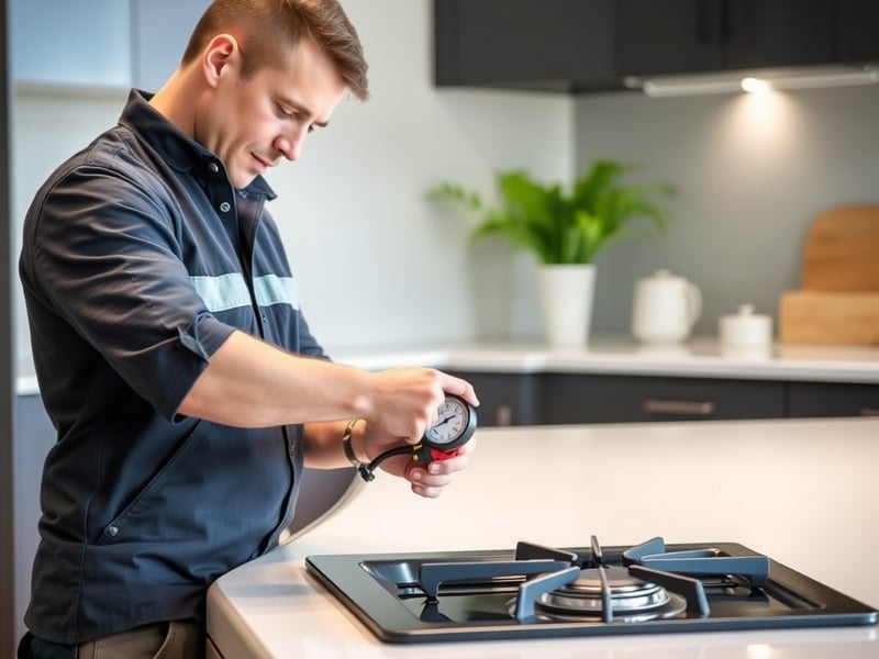 A licensed gas fitter testing a gas connection on a modern kitchen cooktop with a digital manometer, clean benchtop, Australian kitchen interior