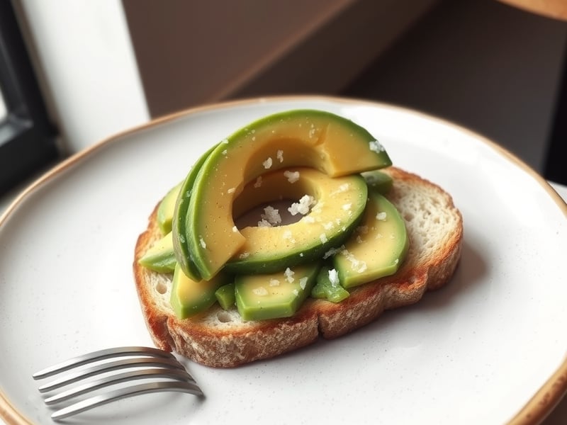 Artisan sourdough toast with avocado and sea salt on rustic ceramic plate in minimalist Australian cafe setting