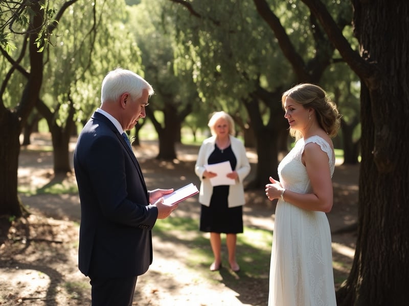 Documentary elopement photography of an intimate wedding ceremony with just the couple and an officiant in a secluded Hunter Valley vineyard grove, dappled sunlight through trees, emotional candid mom