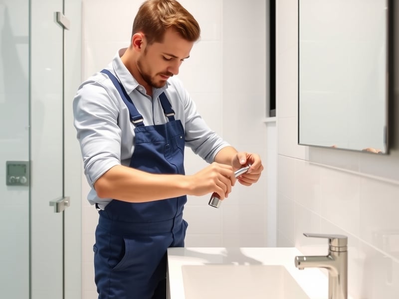 A plumber installing a modern chrome mixer tap in a bright contemporary Australian bathroom, white tiles, clean workspace, professional finish