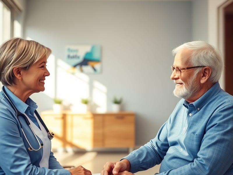 a friendly female GP doctor consulting with an elderly patient in a bright modern Australian clinic room, warm natural light, professional but relaxed atmosphere