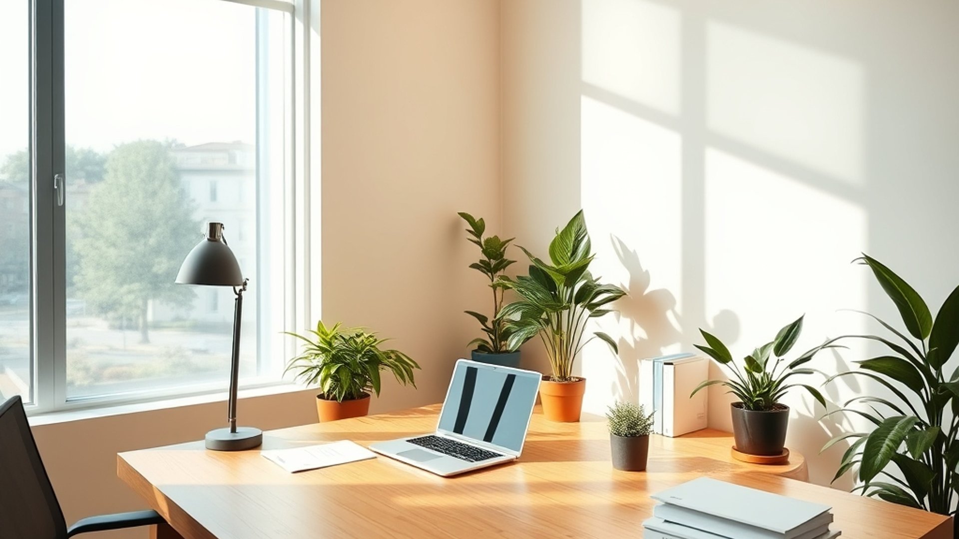 modern minimalist accounting office interior with warm natural light wooden desk laptop and green plants clean professional aesthetic