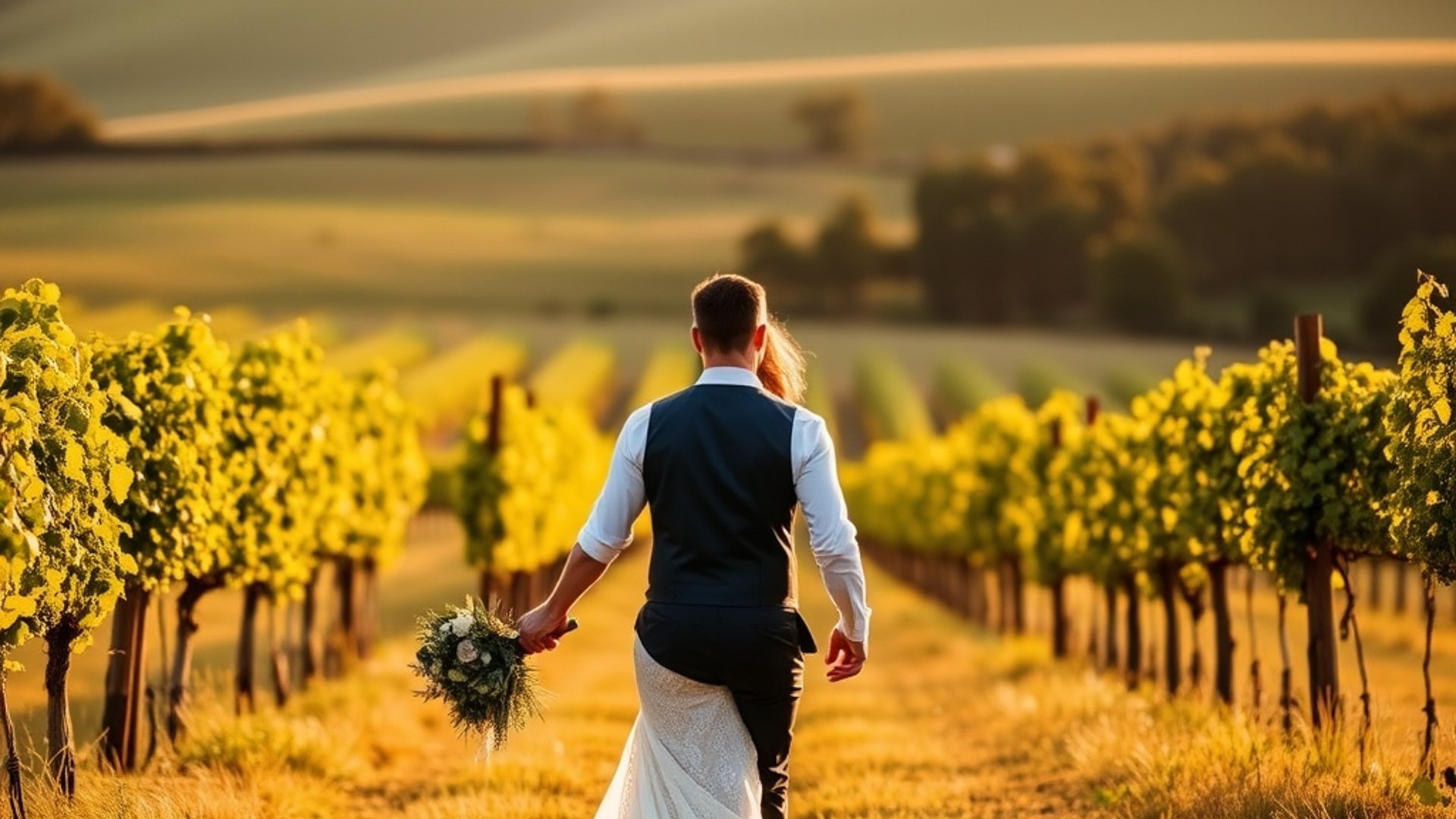 A documentary-style photograph of a bride and groom walking hand-in-hand through golden Hunter Valley vineyards at sunset, soft natural light, warm golden hour tones, rolling green hills in background
