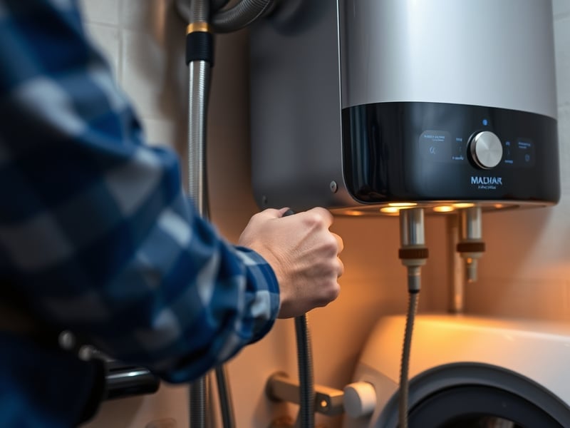 Close-up of a plumber's hands repairing a modern stainless steel hot-water system in a laundry room, warm lighting, professional tools visible
