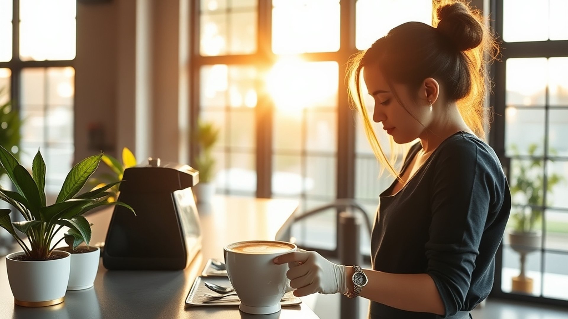 a barista pouring latte art into a white ceramic cup on a polished concrete counter, warm morning light streaming through large industrial windows, green plants and brass details in a minimalist Newca