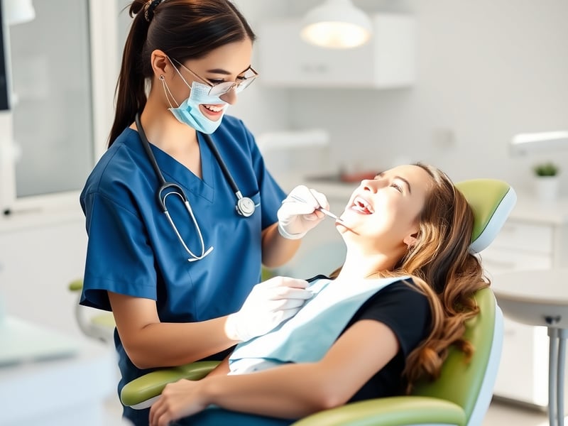 a friendly female dentist in blue scrubs gently examining a relaxed patient in a modern bright dental chair, warm natural lighting, clean white clinic interior with soft green accents, professional he