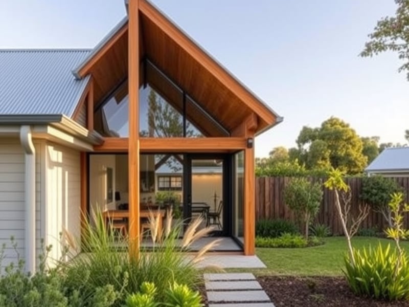 A modest contemporary timber and glass addition attached to an existing Australian weatherboard cottage, integrated roofline, native garden landscaping, soft afternoon light, architectural photography
