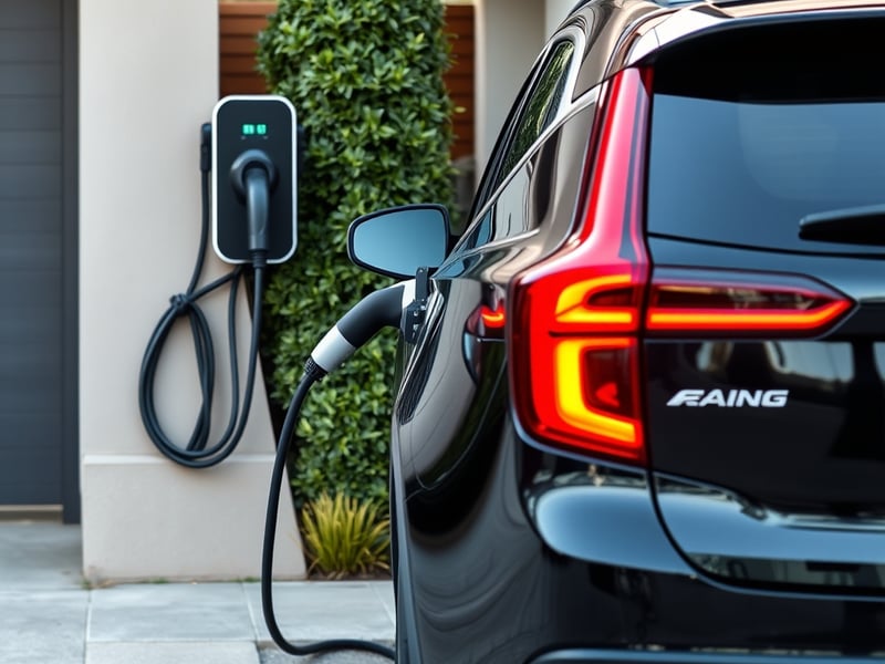 a modern black electric vehicle charging at a wall-mounted EV charger in a residential driveway in Australia
