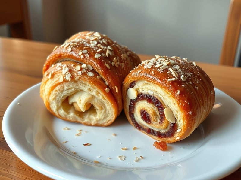 Freshly baked almond croissant and cinnamon scroll on white ceramic plate with scattered crumbs in warm natural cafe light