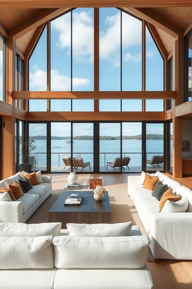 Luxurious open-plan living room inside a modern Australian boathouse on Lake Macquarie, floor-to-ceiling windows overlooking the water, natural timber beams, white linen sofas, native eucalyptus branc