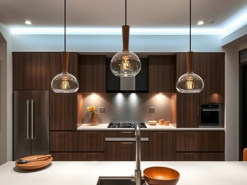 modern pendant lights illuminating a contemporary Australian kitchen with downlights and feature lighting