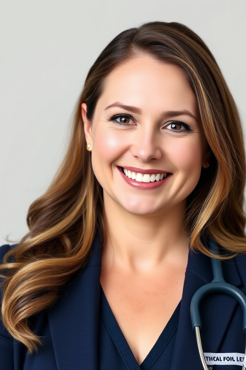 professional female GP doctor headshot portrait, warm smile, navy blazer, soft studio lighting, neutral background, approachable Australian doctor