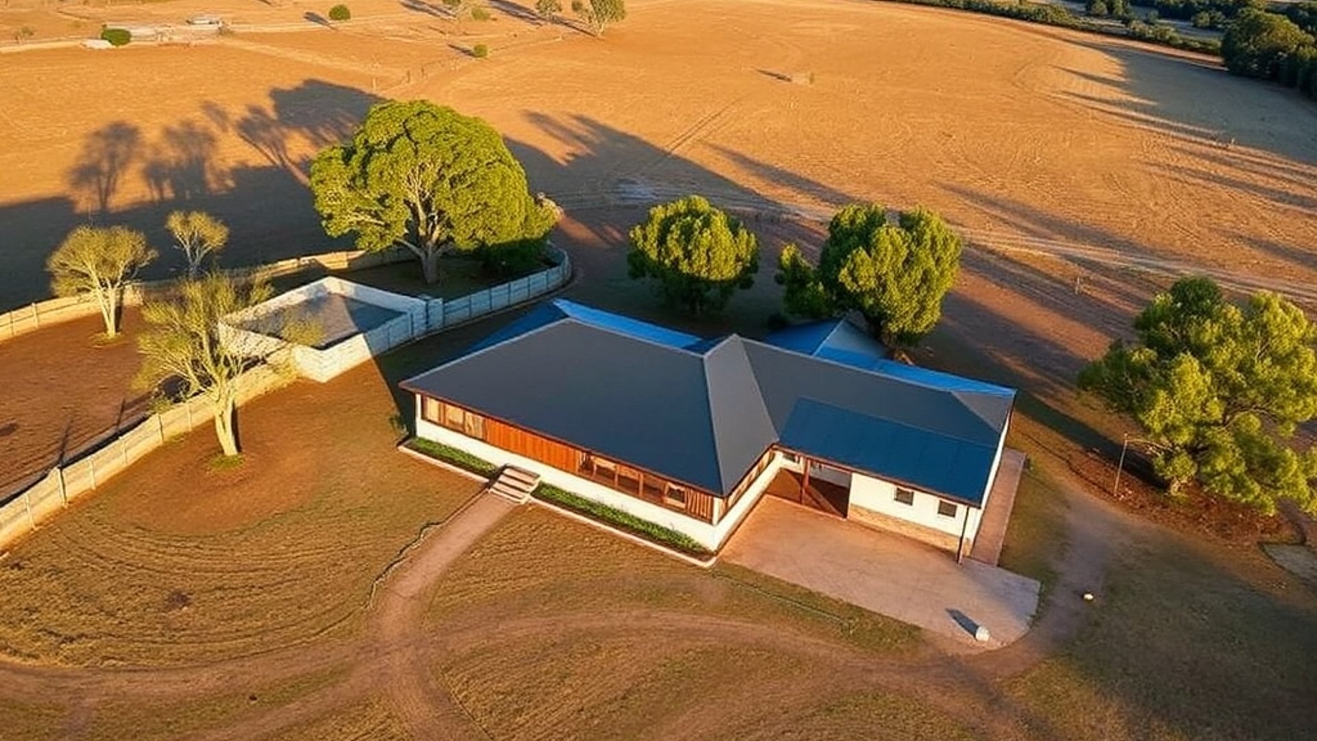 Aerial view of a restored Australian rural homestead with contemporary addition, surrounded by dry paddocks and eucalyptus trees, long afternoon shadows, Hunter Valley landscape, architectural photogr