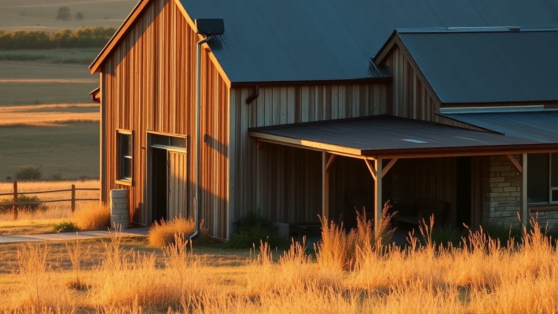 A weathered rural Australian homestead with a contemporary timber-clad addition, photographed at golden hour with long shadows across dry grass, Hunter Valley landscape in the background, warm earth t