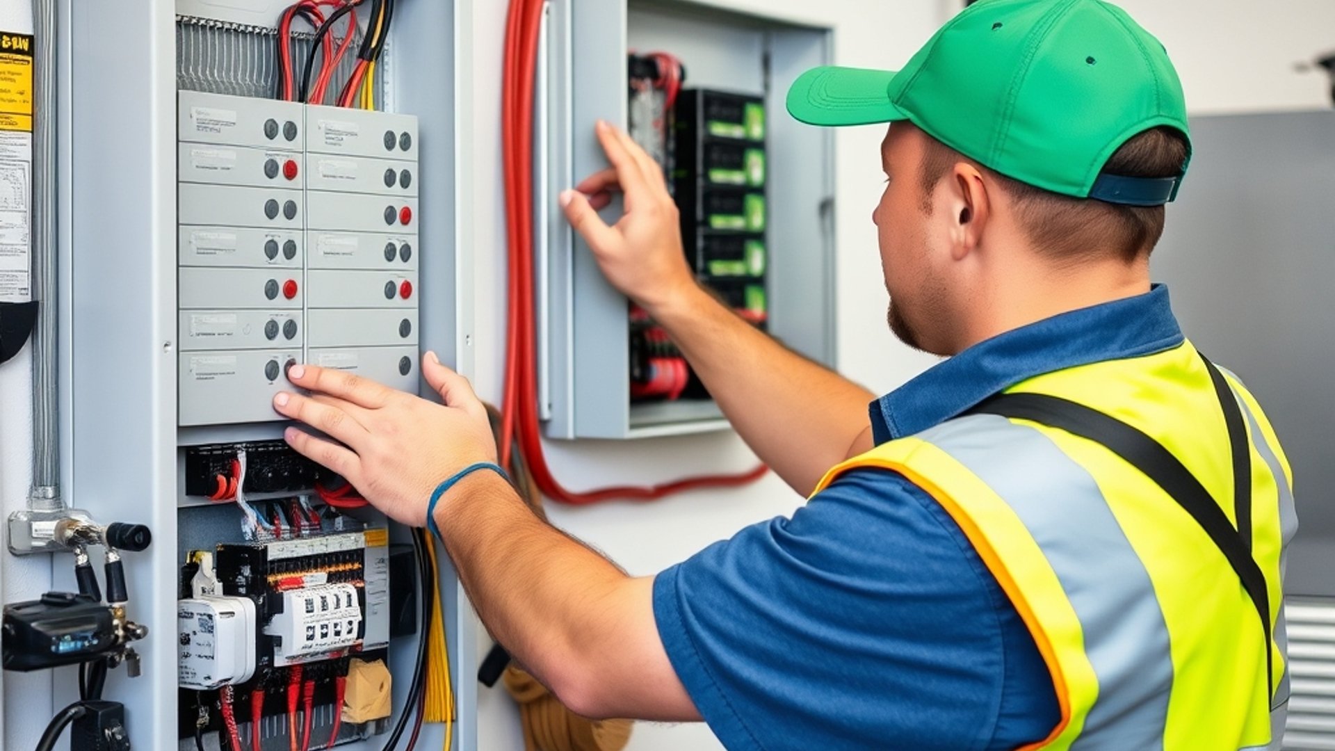 a professional electrician in a high-vis shirt installing a modern residential switchboard in a bright clean garage in Cardiff NSW Australia