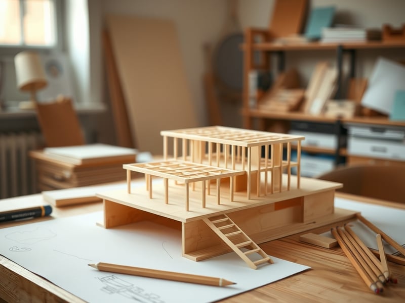 Close-up of architectural model making on a timber desk, balsa wood structure, white card, sketch pencils, natural daylight from a window, warm tactile materials, design studio atmosphere