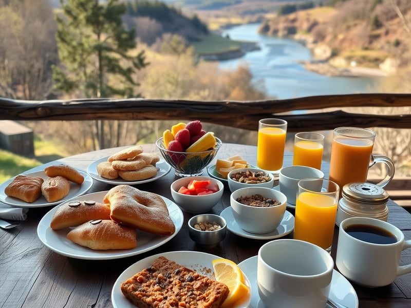 a beautifully arranged continental breakfast spread on a rustic timber table, fresh pastries, seasonal fruit, granola, juice, and coffee overlooking a river valley in the morning light