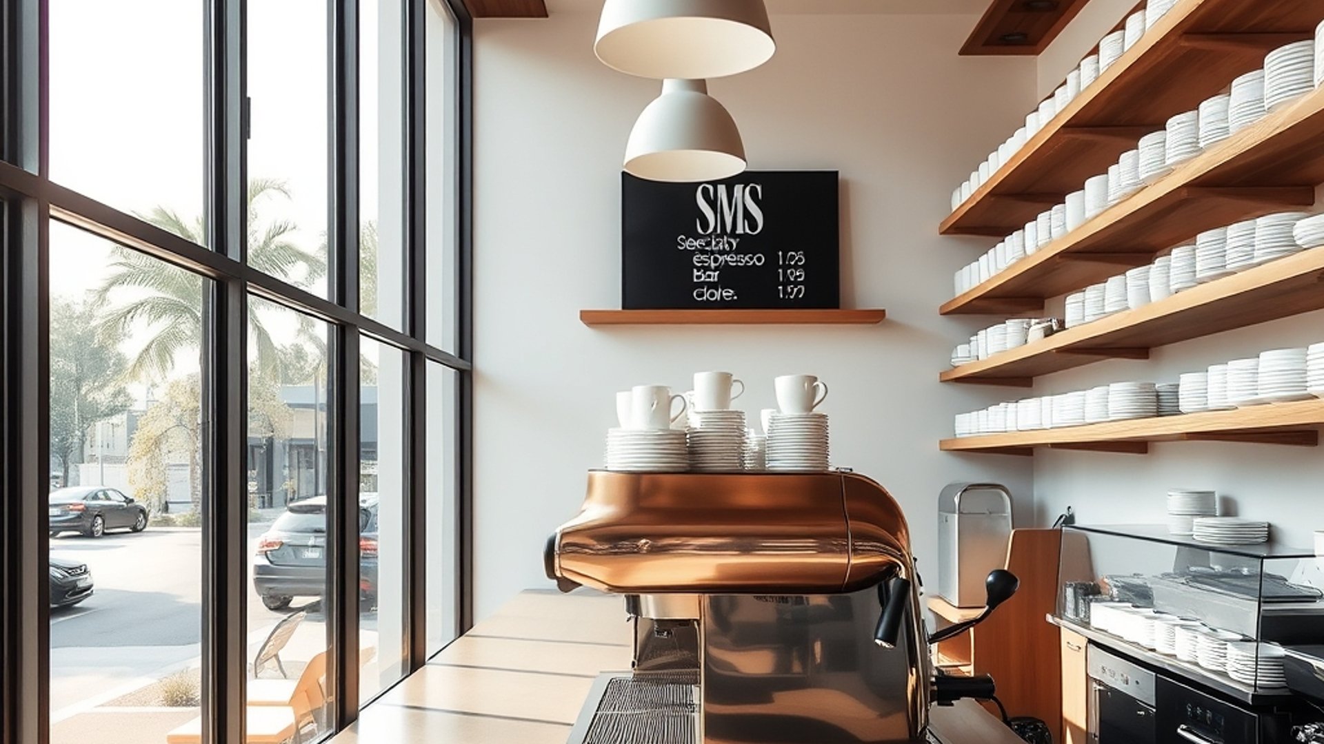 specialty espresso bar interior with warm timber shelves, brass coffee machine, soft morning sunlight through large windows, ceramic cups lined up, minimal modern Australian cafe design