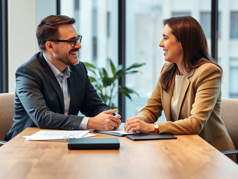 two professionals having friendly business discussion across wooden table in bright modern office natural window light warm tones
