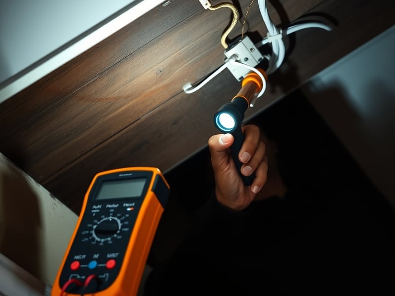 an electrician using a professional multimeter and torch to trace an electrical fault in a dark residential roof cavity in Australia