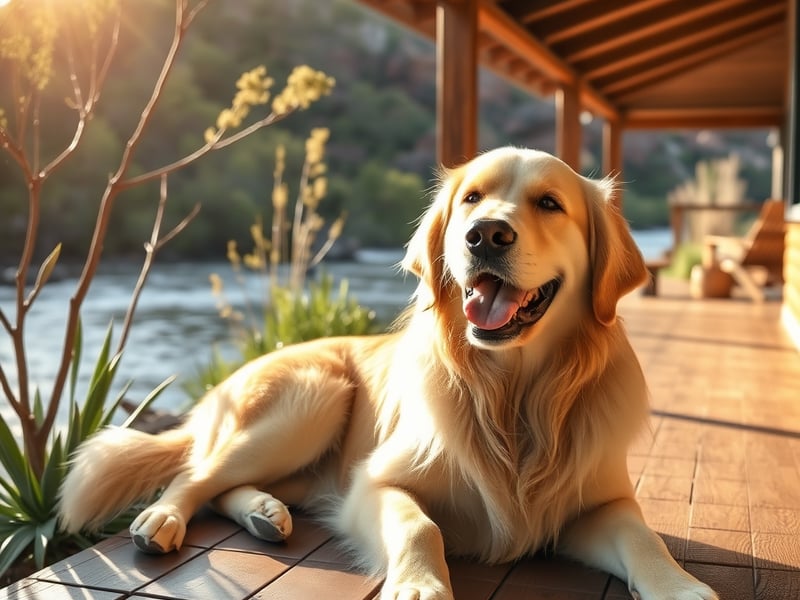 a happy golden retriever relaxing on a wooden lodge deck with river views, surrounded by native Australian plants and warm sunlight
